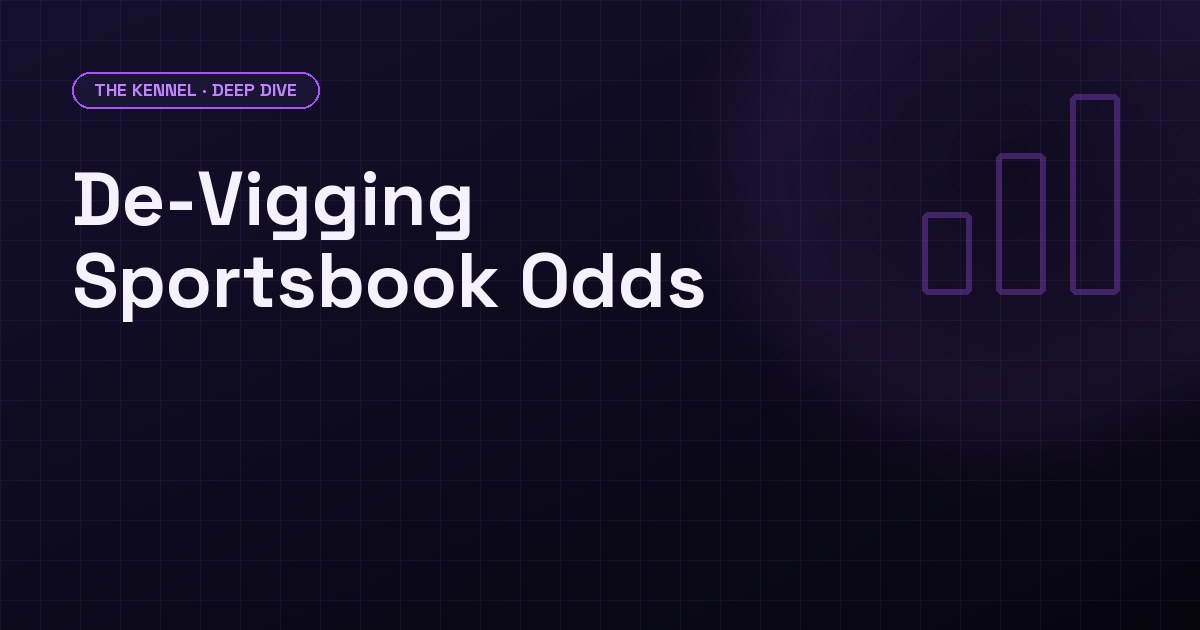 Dark purple background with the headline 'No-Vig Fair Line' and the conversion formula fair = implied / booksum in monospace code styling, DawgHousePicks brand aesthetic