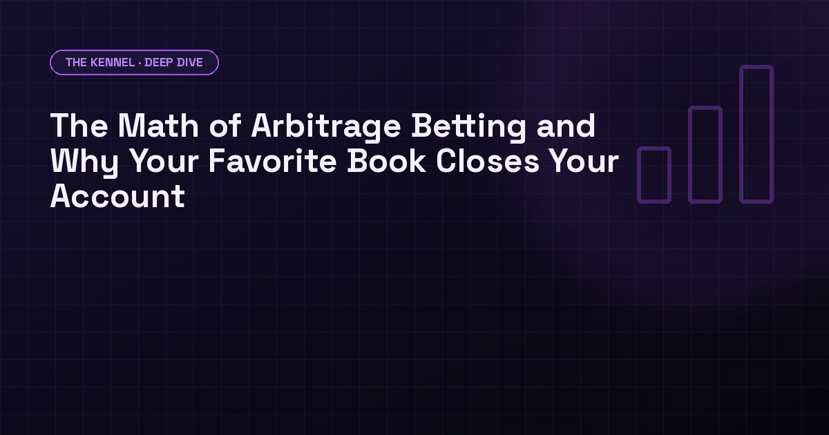 Dark brand background with headline 'The Math of Arbitrage Betting' and two implied probability values showing arb margin below 100 percent, DawgHousePicks Kennel Deep Dive style