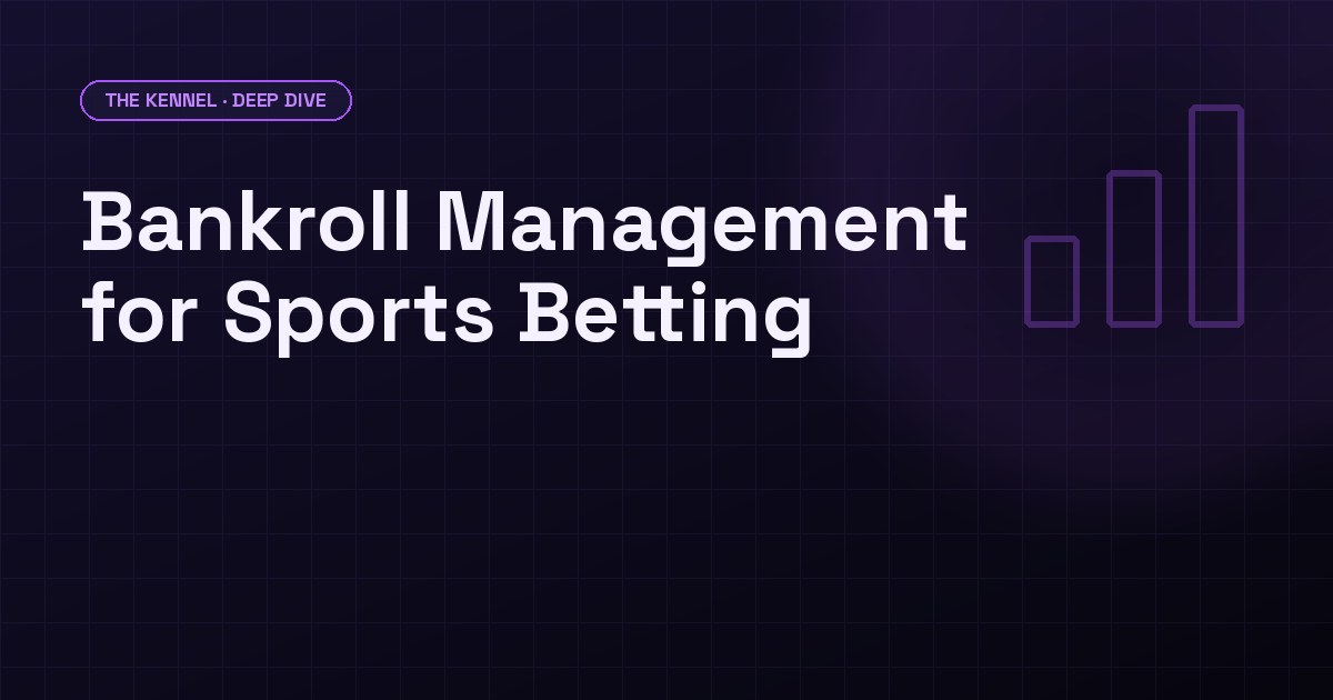 Dark purple background showing a three-column comparison table of flat, proportional, and Kelly staking with bankroll growth numbers, DawgHousePicks brand aesthetic