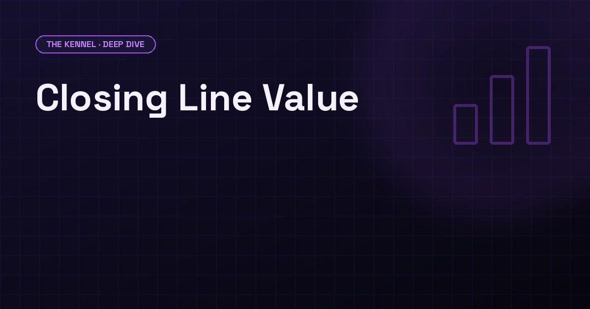 Dark brand background with the headline 'Closing Line Value' and a formula showing no-vig CLV equals closing fair minus entry fair, DawgHousePicks Kennel Deep Dive style