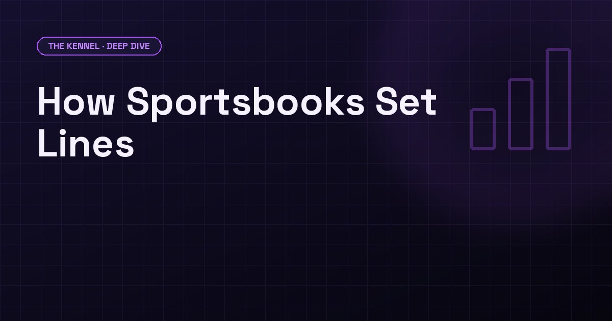 Dark brand background with the headline 'How Sportsbooks Set Lines' and a supply chain diagram going from market makers to retail books, DawgHousePicks Kennel Deep Dive style