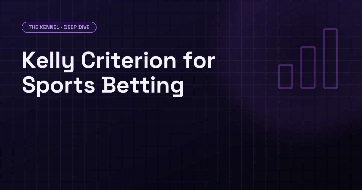 Dark purple background with 'Kelly Criterion' headline and the core formula f* = (bp−q)/b displayed in monospace code styling, DawgHousePicks brand aesthetic