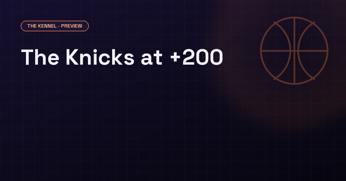 Dark purple background with 'THE KENNEL PREVIEW' kicker, headline 'The Knicks at +200' and dek text about conditional probability, DawgHousePicks brand aesthetic