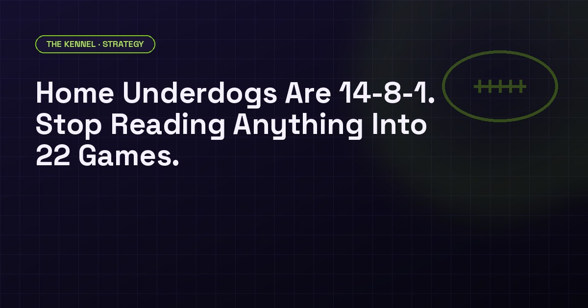Home underdog ATS record: 14-8-1 in 2026 through Week 4 versus 644-667-38 (49.1%) since 2003 and a 52.38% break-even at -110.
