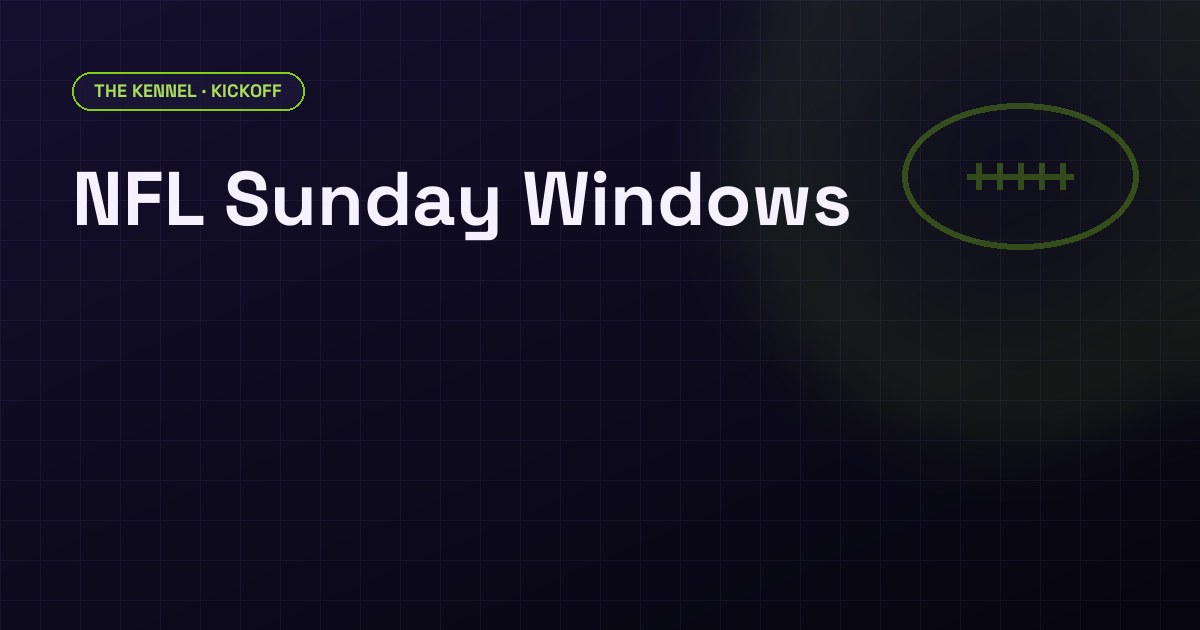 Dark background with NFL kickoff window breakdown chart showing 1PM slate volume versus 4PM, DawgHousePicks Kennel brand aesthetic in purple