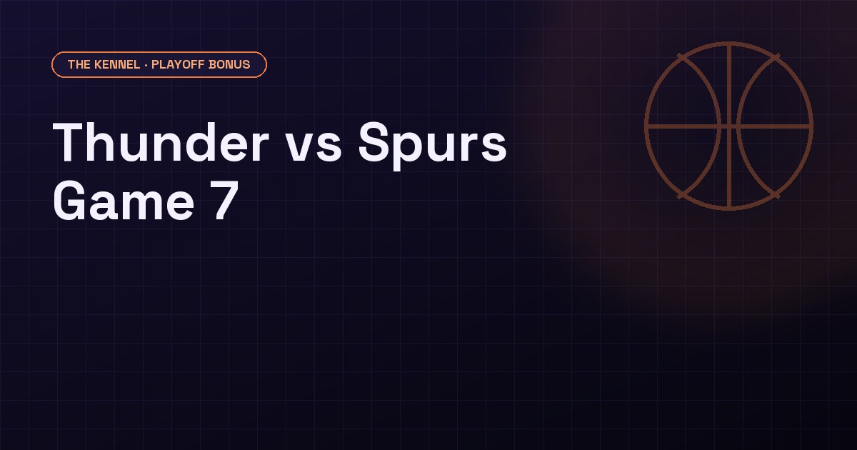 Dark purple background with the headline 'Game 7: The Sharp Breakdown' and the de-vigged Thunder win probability, DawgHousePicks brand aesthetic