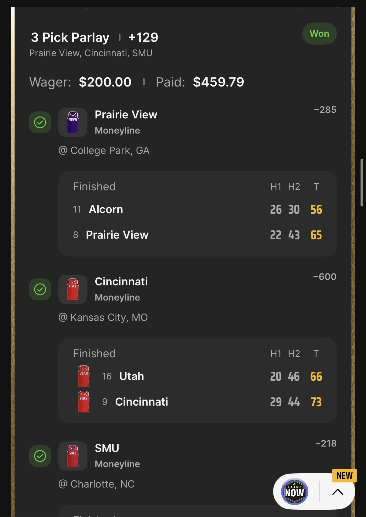 Settled DraftKings slip showing $459.79 paid