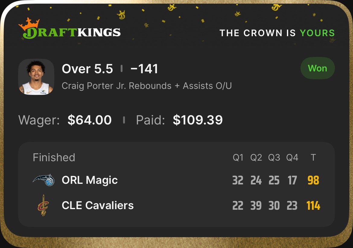 Settled DraftKings slip $109.39 paid