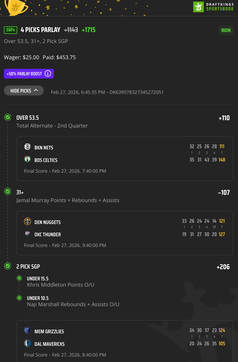 Settled DraftKings slip showing $453.75 paid