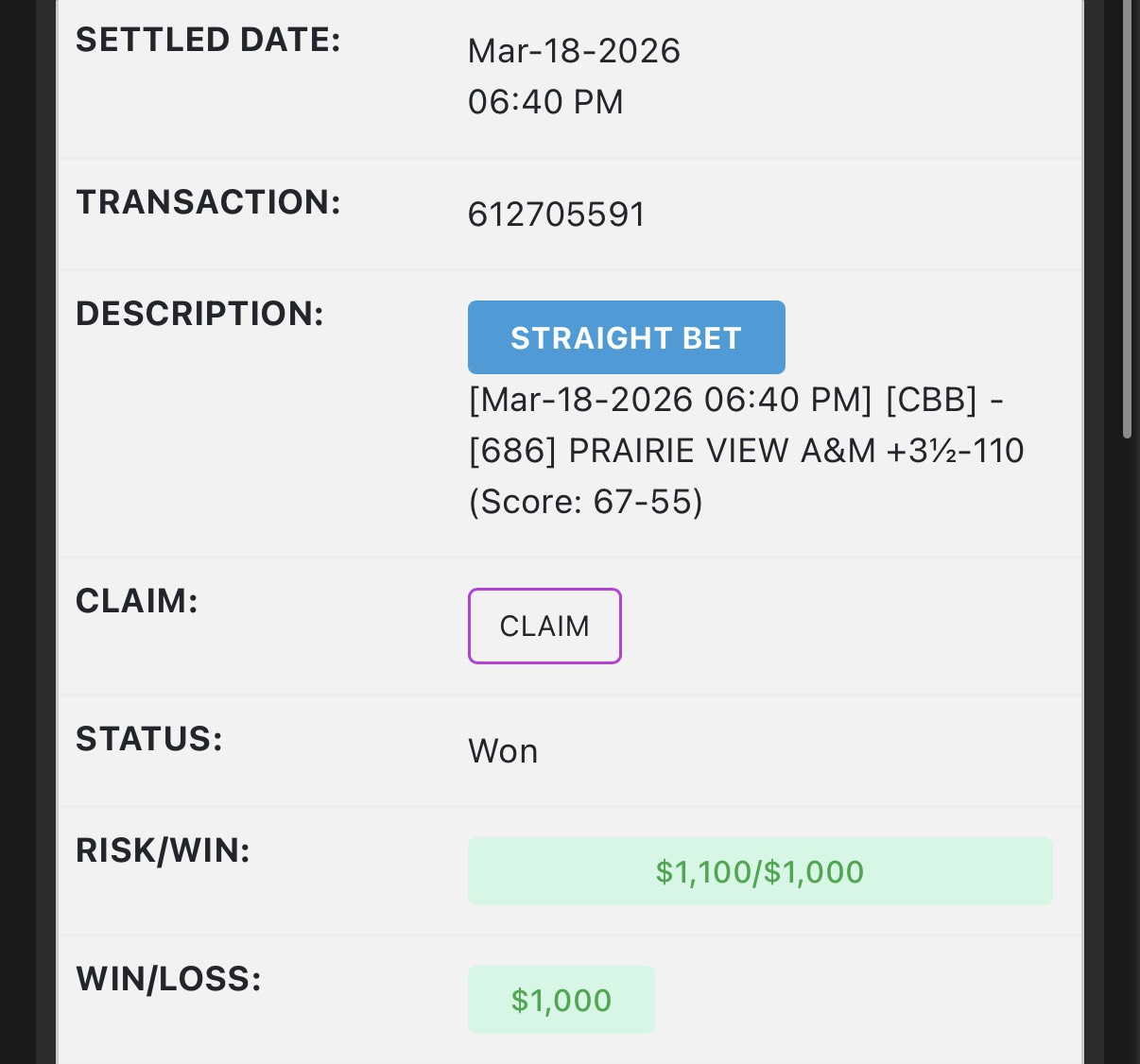 Settled betting slip showing $1,000 won