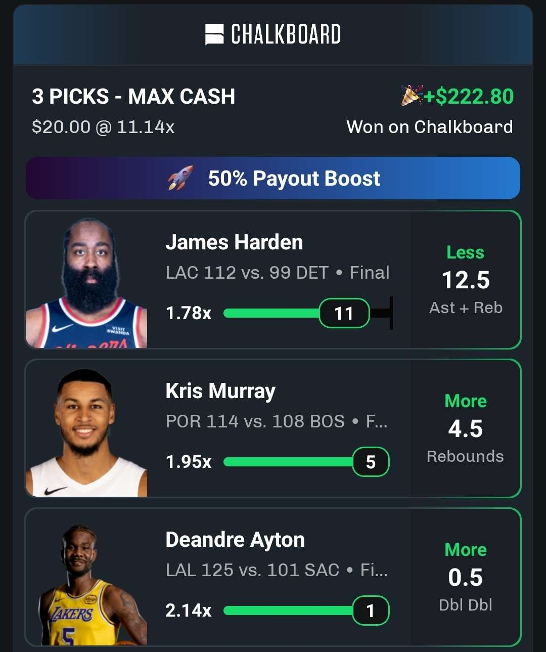 Settled Chalkboard slip showing $222.80 won