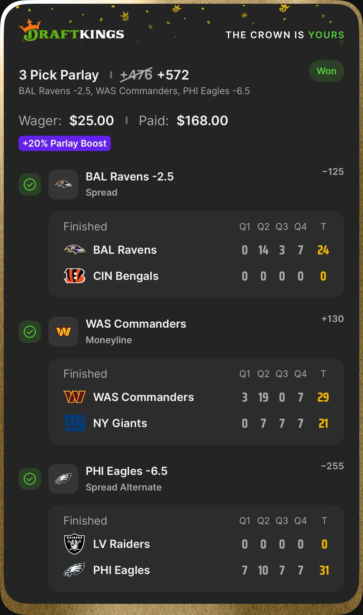 Settled DraftKings slip $168 paid