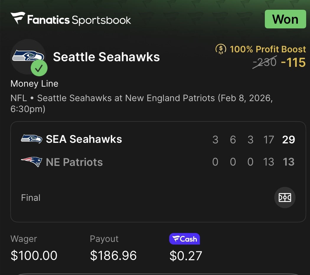 Settled Fanatics slip $186.96 payout